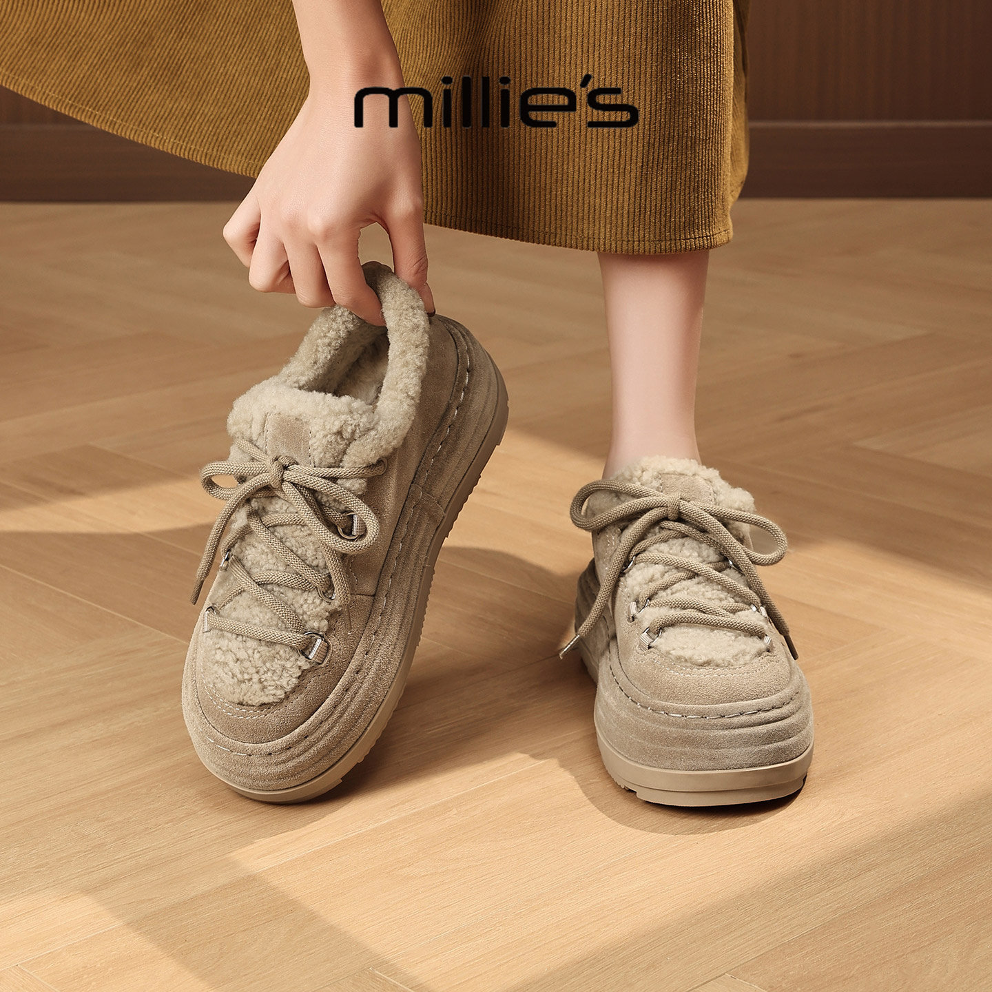 MILLIE'S/妙丽加绒毛毛德训鞋女款2026新款春季棉鞋休闲厚底板鞋