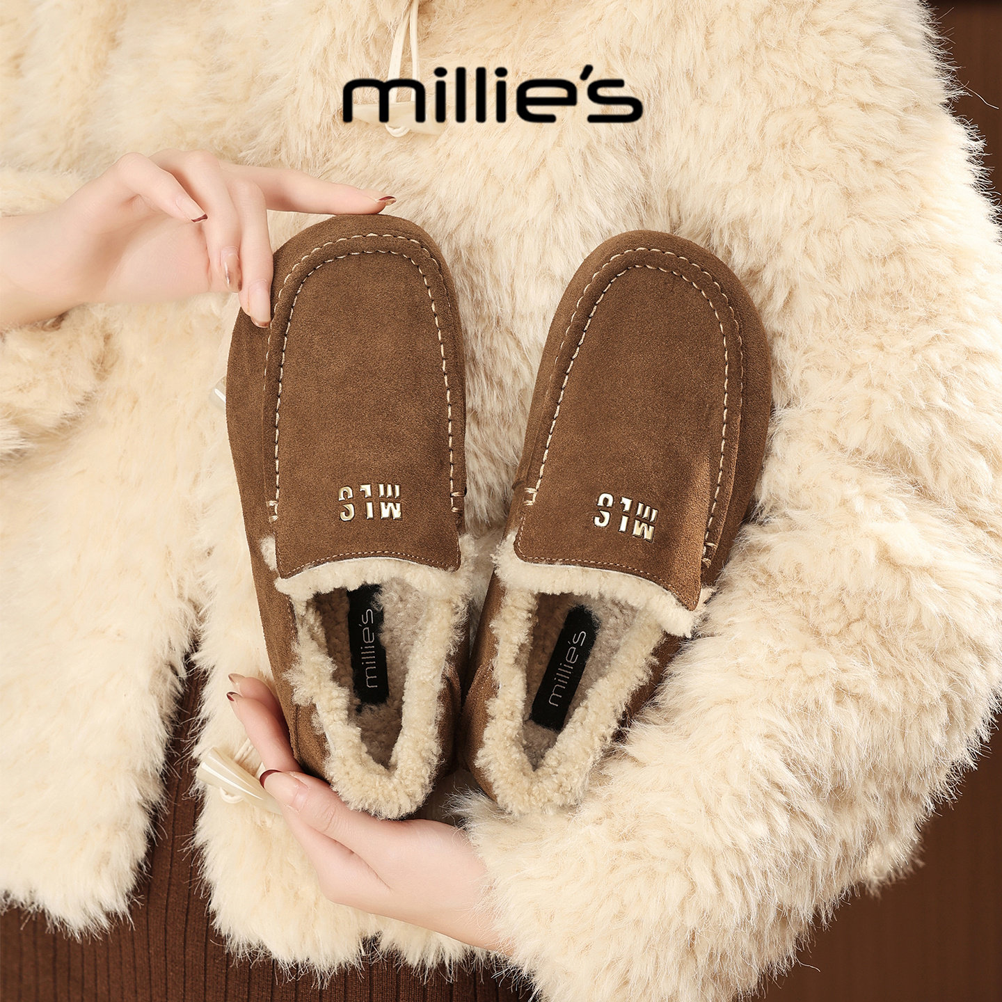MILLIE'S/妙丽加绒乐福鞋女冬季保暖软底毛毛鞋一脚蹬懒人豆豆鞋,女鞋,乐福鞋（豆豆鞋）,淘宝优惠券,粉丝福利购,淘宝优惠卷