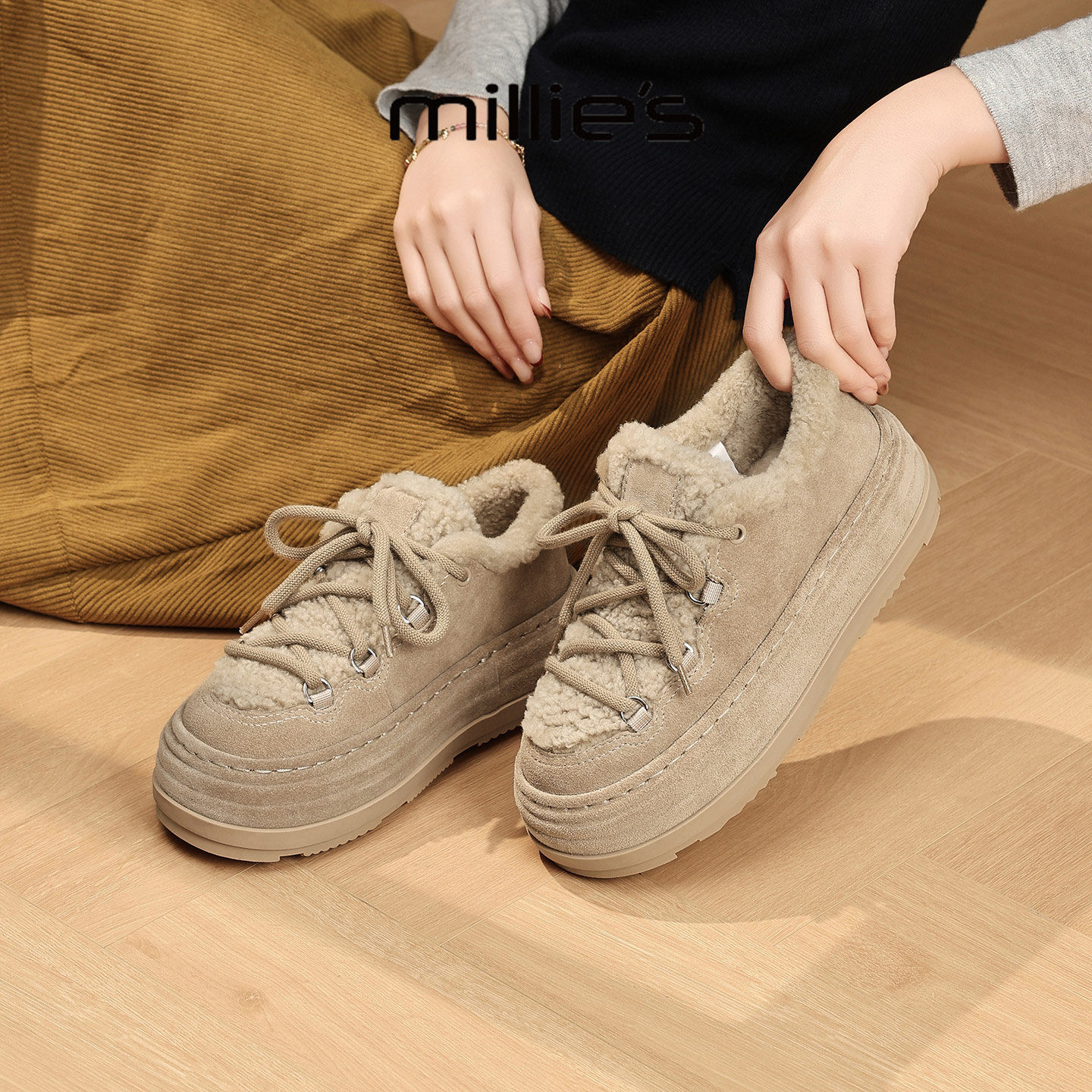 MILLIE'S/妙丽加绒德训鞋女款2026新款春季百搭棉鞋休闲厚底板鞋
