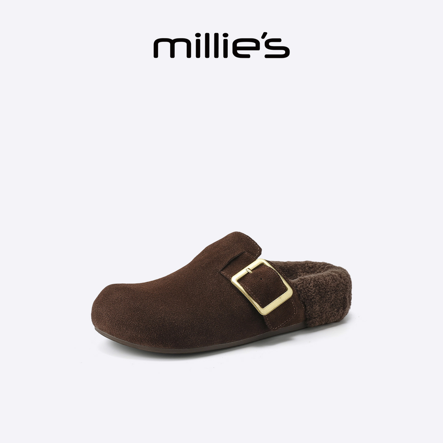 MILLIE'S/妙丽加绒厚底内增高勃肯鞋女冬季包头一脚蹬半拖鞋棉鞋