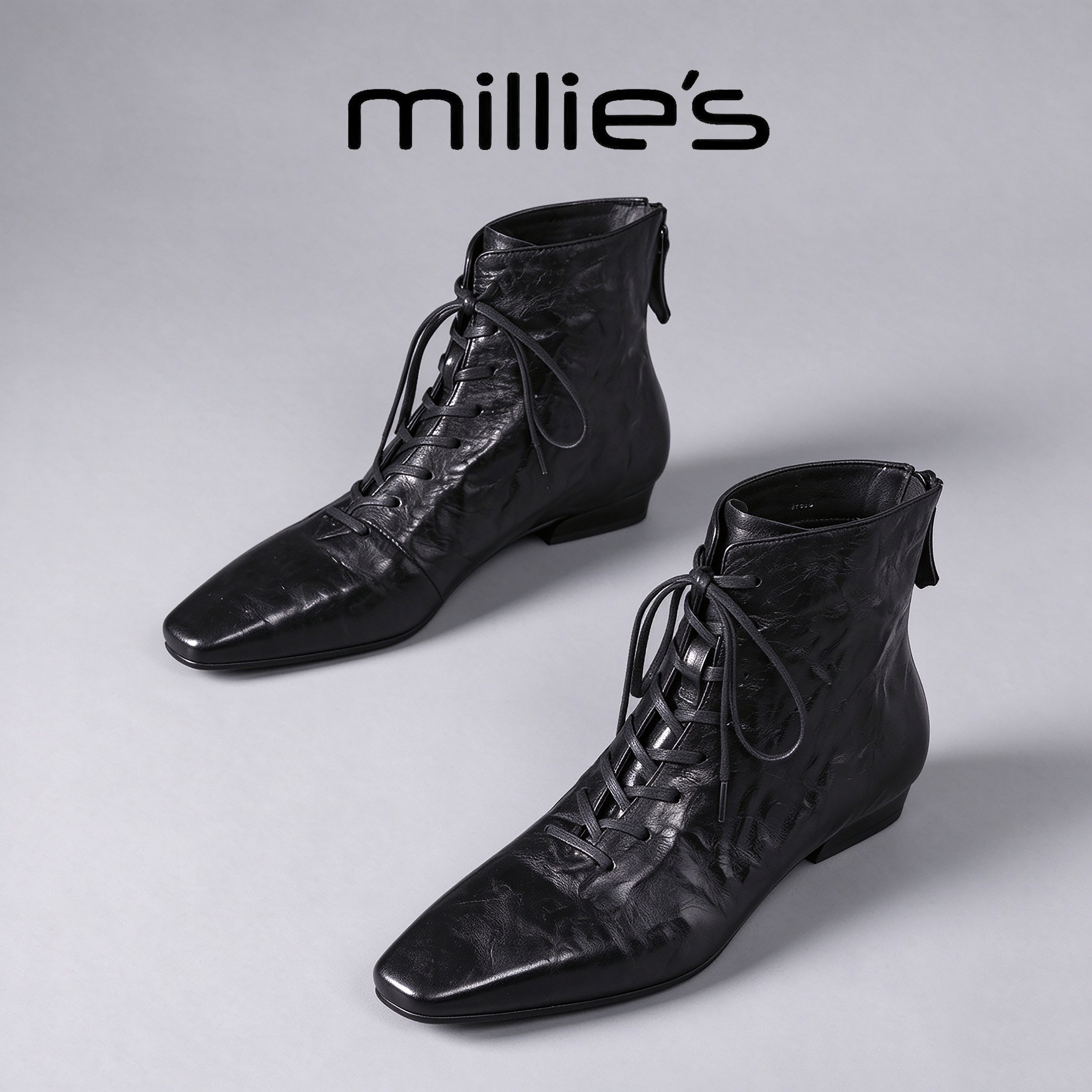 MILLIE'S/妙丽官方旗舰店尖头保暖短靴女加绒系带冬季拉链时装靴C