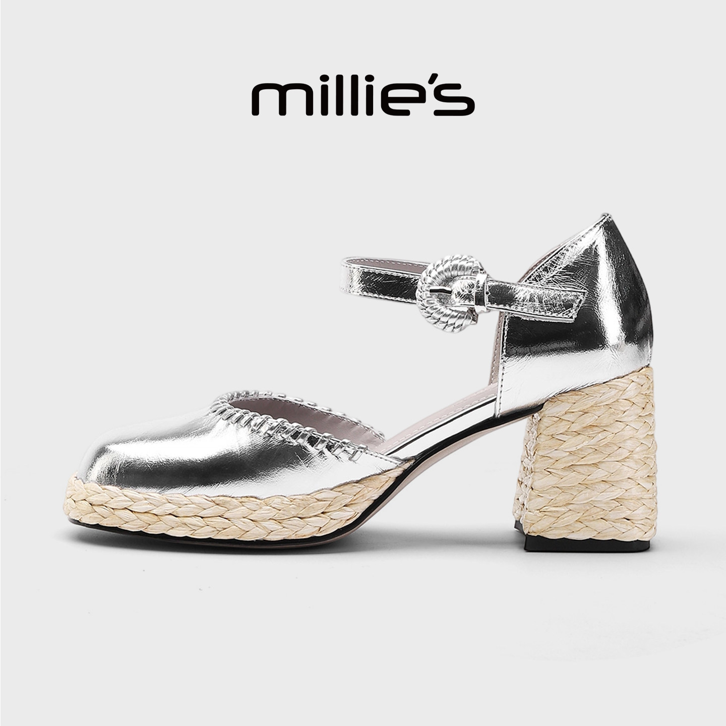 MILLIE'S/妙丽银色一字扣带玛丽珍单鞋女夏季浅口粗跟编织高跟鞋