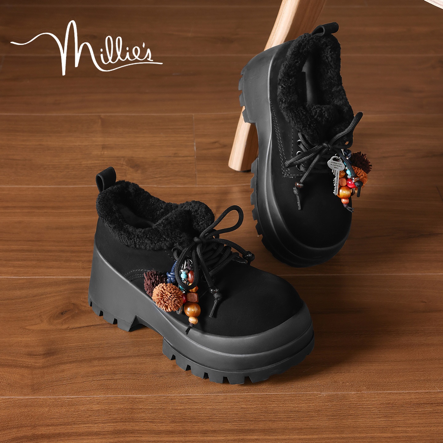MILLIE'S/妙丽加绒厚底松糕鞋女串珠系带增高休闲鞋小个子棉鞋冬