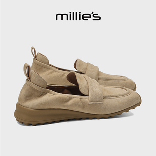MILLIE'S/妙丽老钱风反绒皮乐福鞋女2026新款一脚蹬通勤豆豆鞋