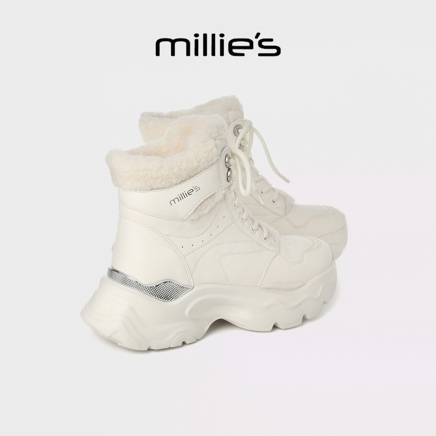 MILLIE'S/妙丽加绒厚底高帮鞋女新款冬季白色老爹鞋保暖增高棉鞋