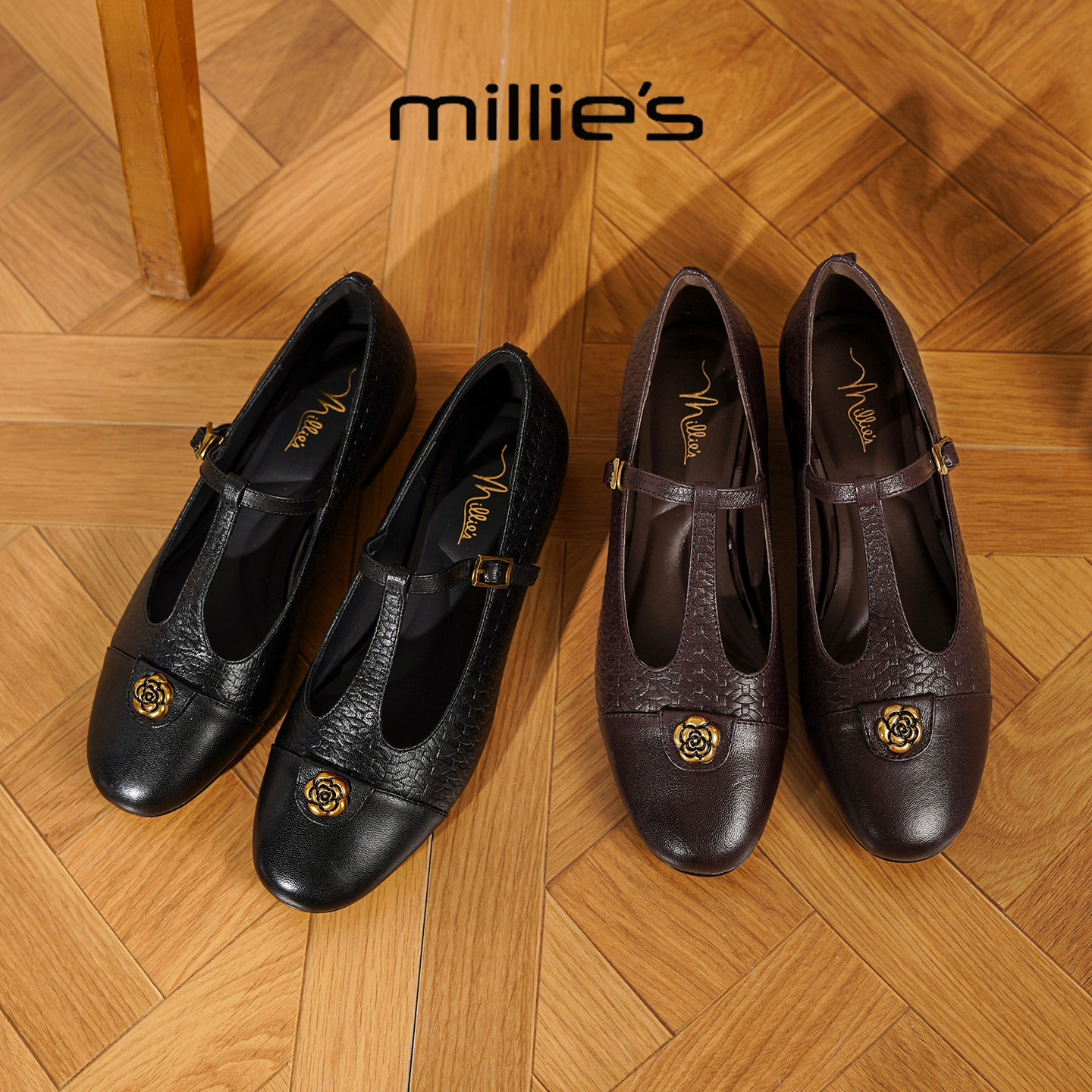 MILLIE'S/妙丽复古风玛丽珍鞋女新款真皮T字扣平底浅口单鞋山茶花,女鞋,浅口单鞋,淘宝优惠券,粉丝福利购,淘宝优惠卷