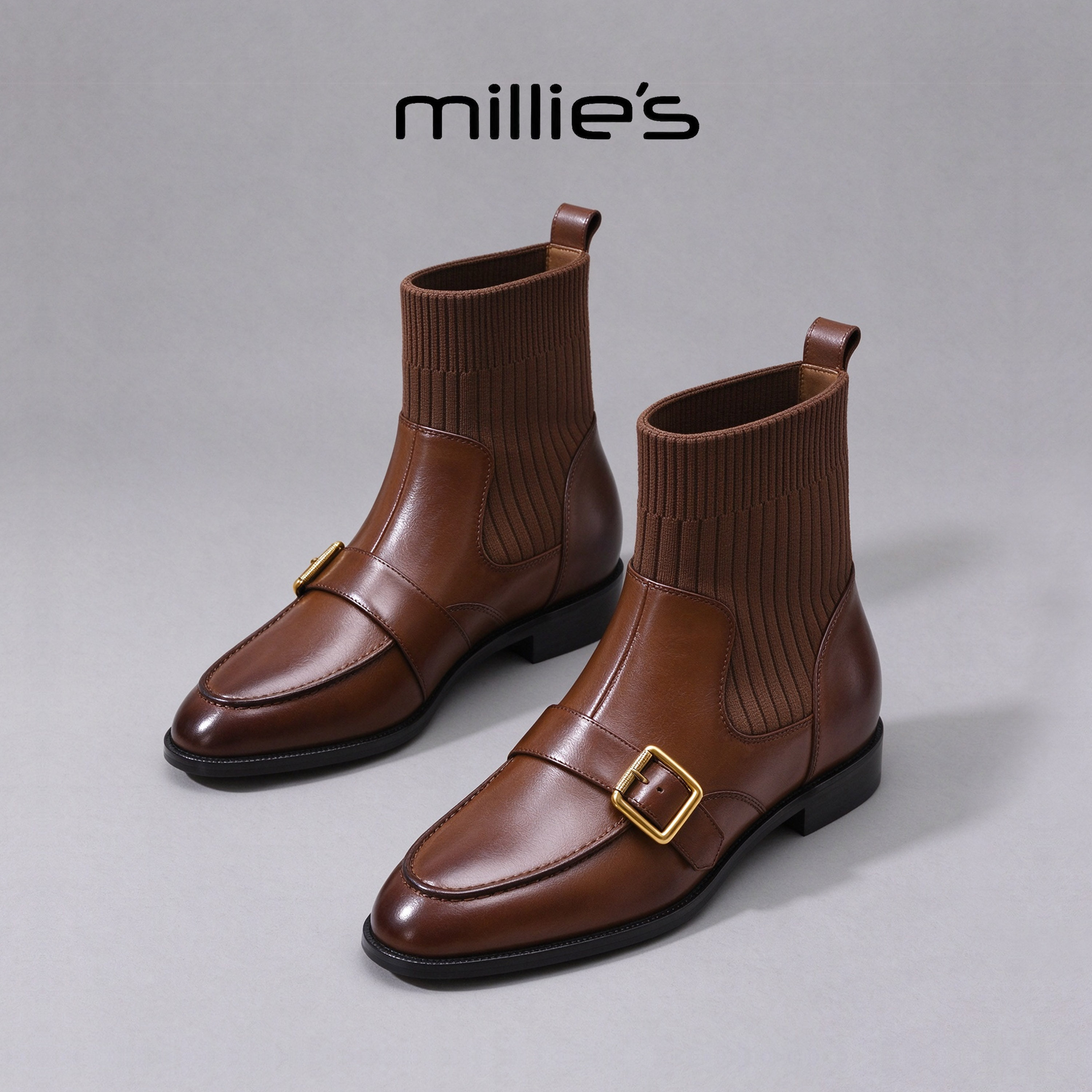 MILLIE'S/妙丽官方旗舰店子秋冬皮带扣短靴显瘦加绒女复古时装靴C