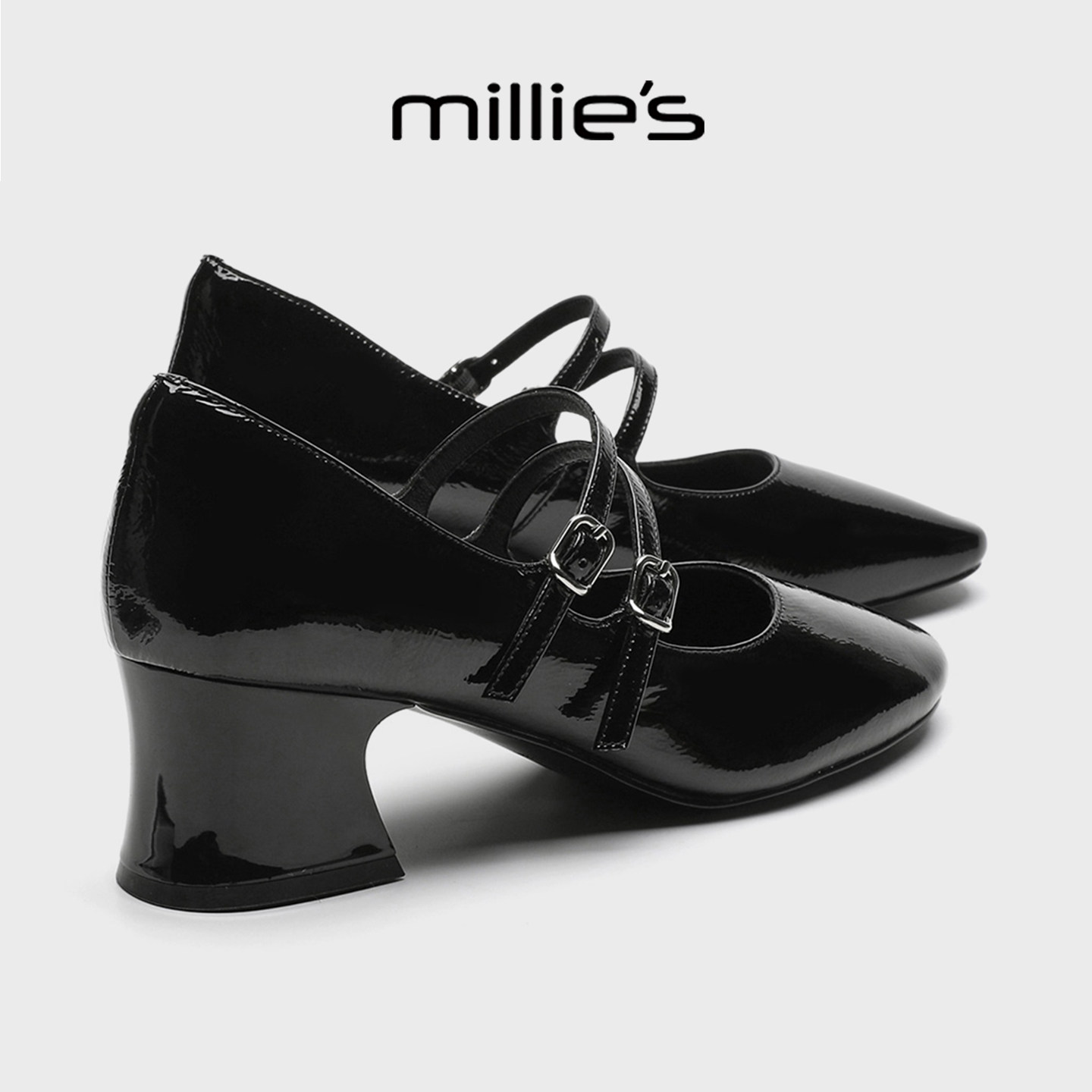 MILLIE'S/妙丽法式玛丽珍鞋女巨好看不累脚粗跟黑色通勤高跟单鞋