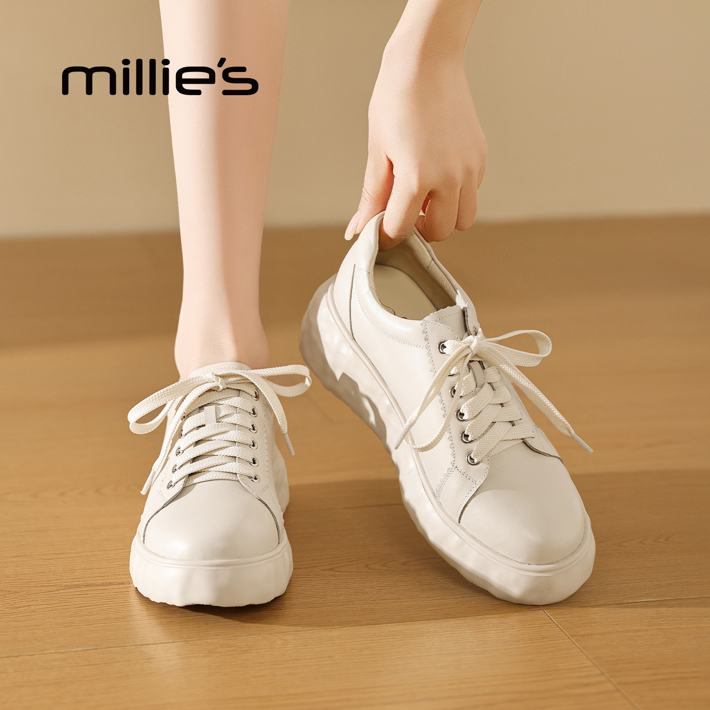 MILLIE'S/妙丽英伦风厚底系带休闲鞋女春季新款米白色百搭真皮鞋