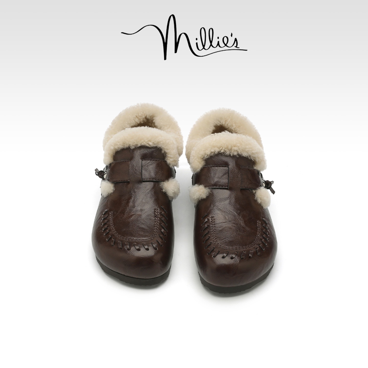 MILLIE'S/妙丽复古加绒全包真皮勃肯鞋冬季新款平底保暖毛毛鞋女