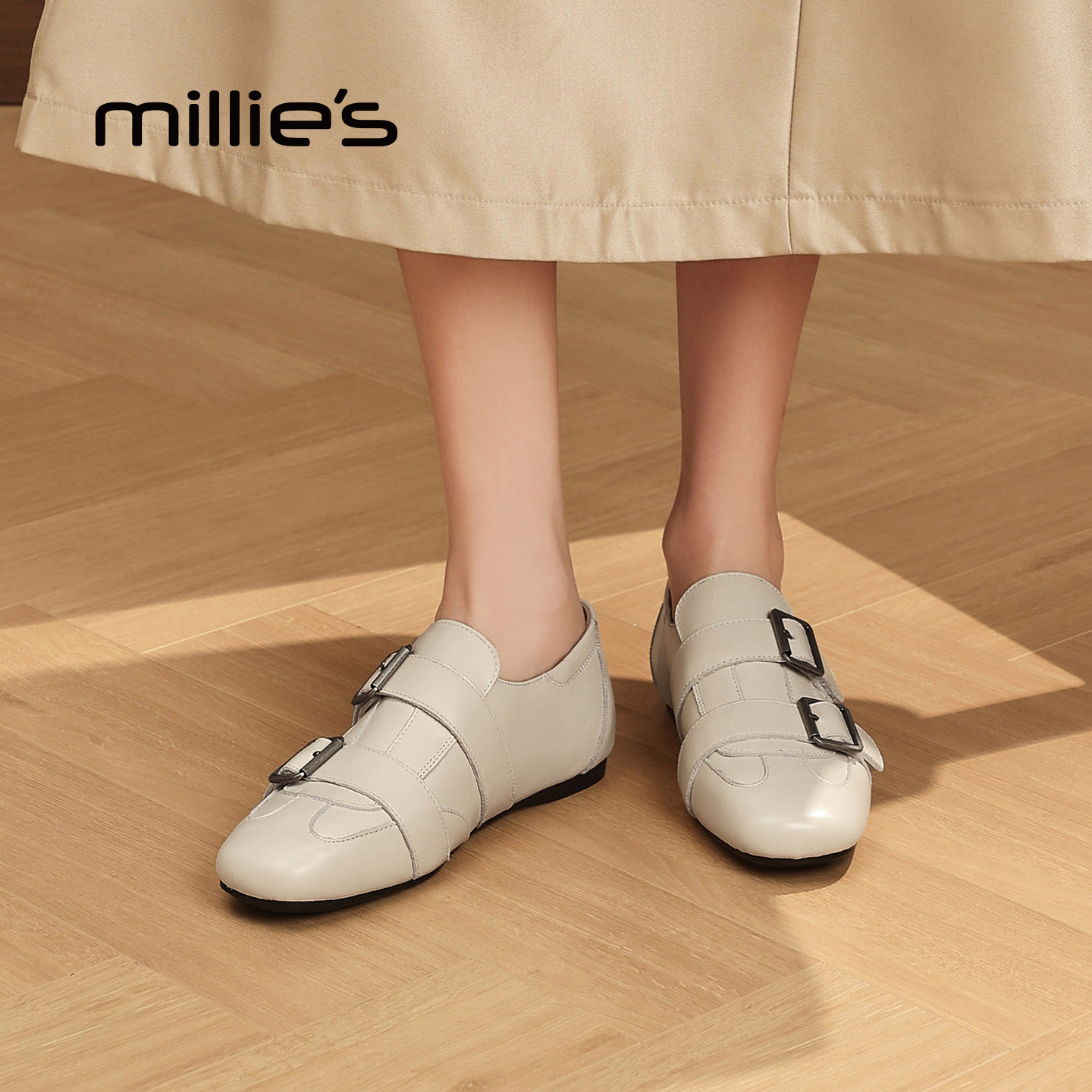 MILLIE'S/妙丽乐福鞋女款春季厚底百搭英伦风JK配裙子白色小皮鞋