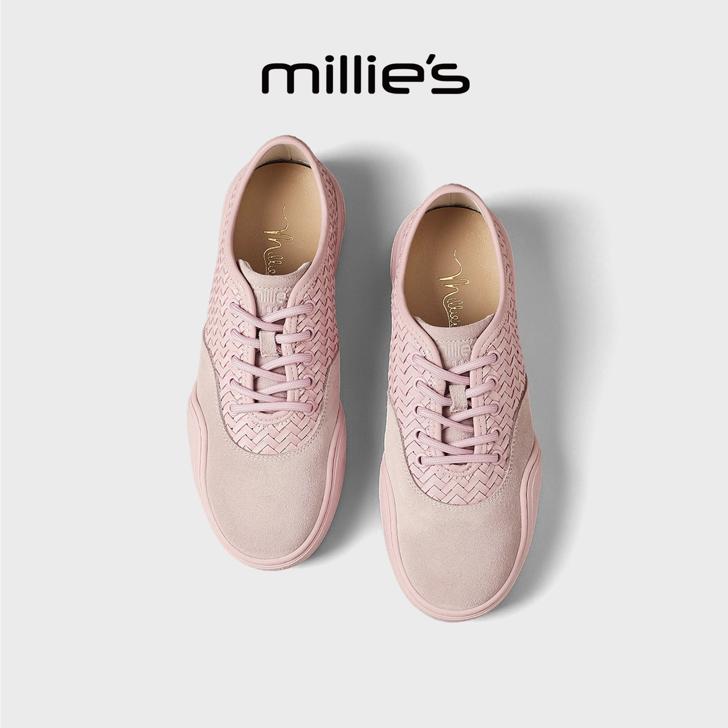 MILLIE'S/妙丽真皮复古德训鞋女平底百搭粉色板鞋舒适休闲运动鞋,女鞋,德训鞋,淘宝优惠券,粉丝福利购,淘宝优惠卷