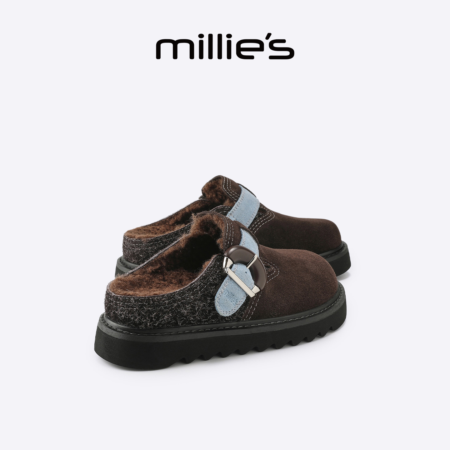 MILLIE'S/妙丽厚底包头拖鞋冬季加绒保暖毛毛鞋一脚蹬勃肯鞋女款