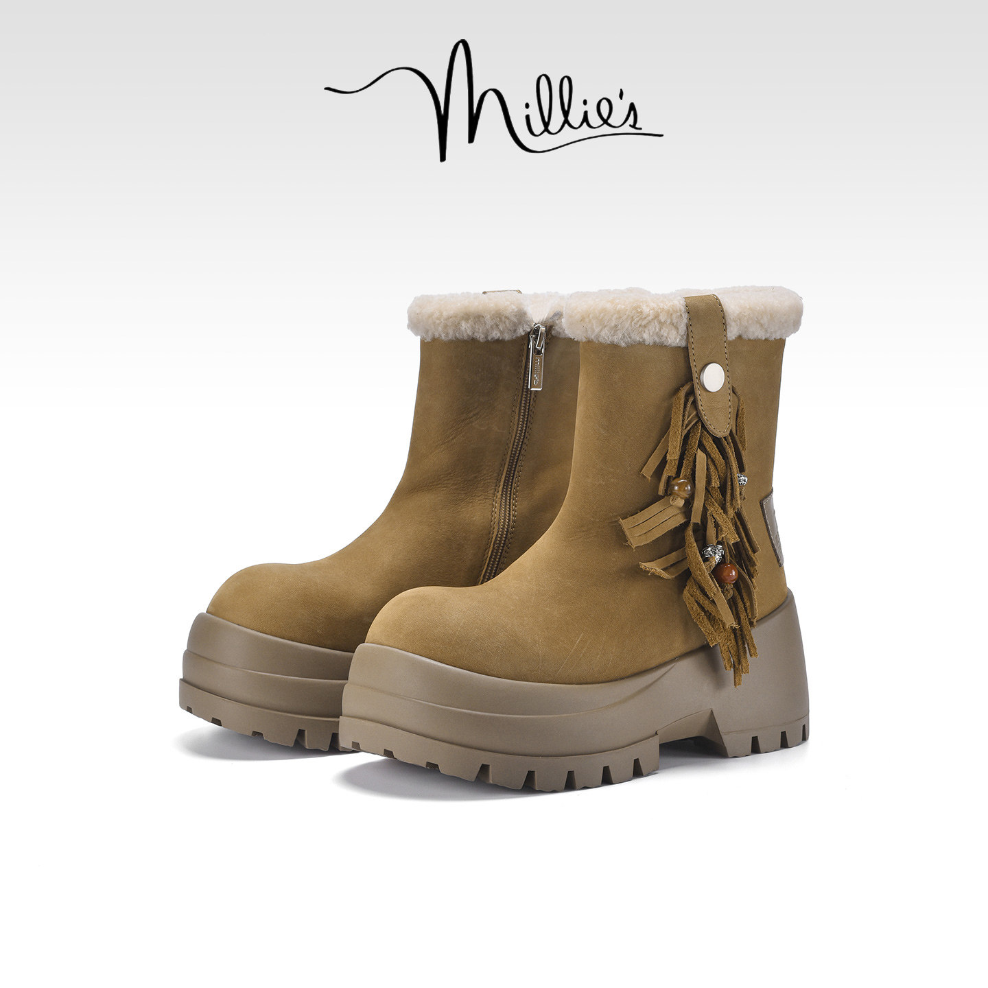 MILLIE'S/妙丽民族风流苏厚底雪地靴女加绒保暖毛毛短靴时尚棉鞋