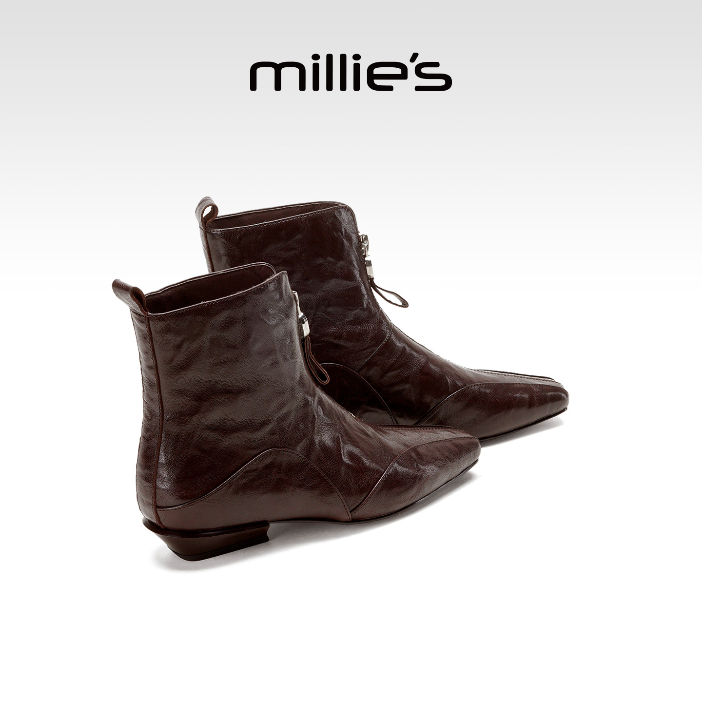 MILLIE'S/妙丽棕色中跟短靴女2025秋冬新款加绒时装靴粗跟瘦瘦靴