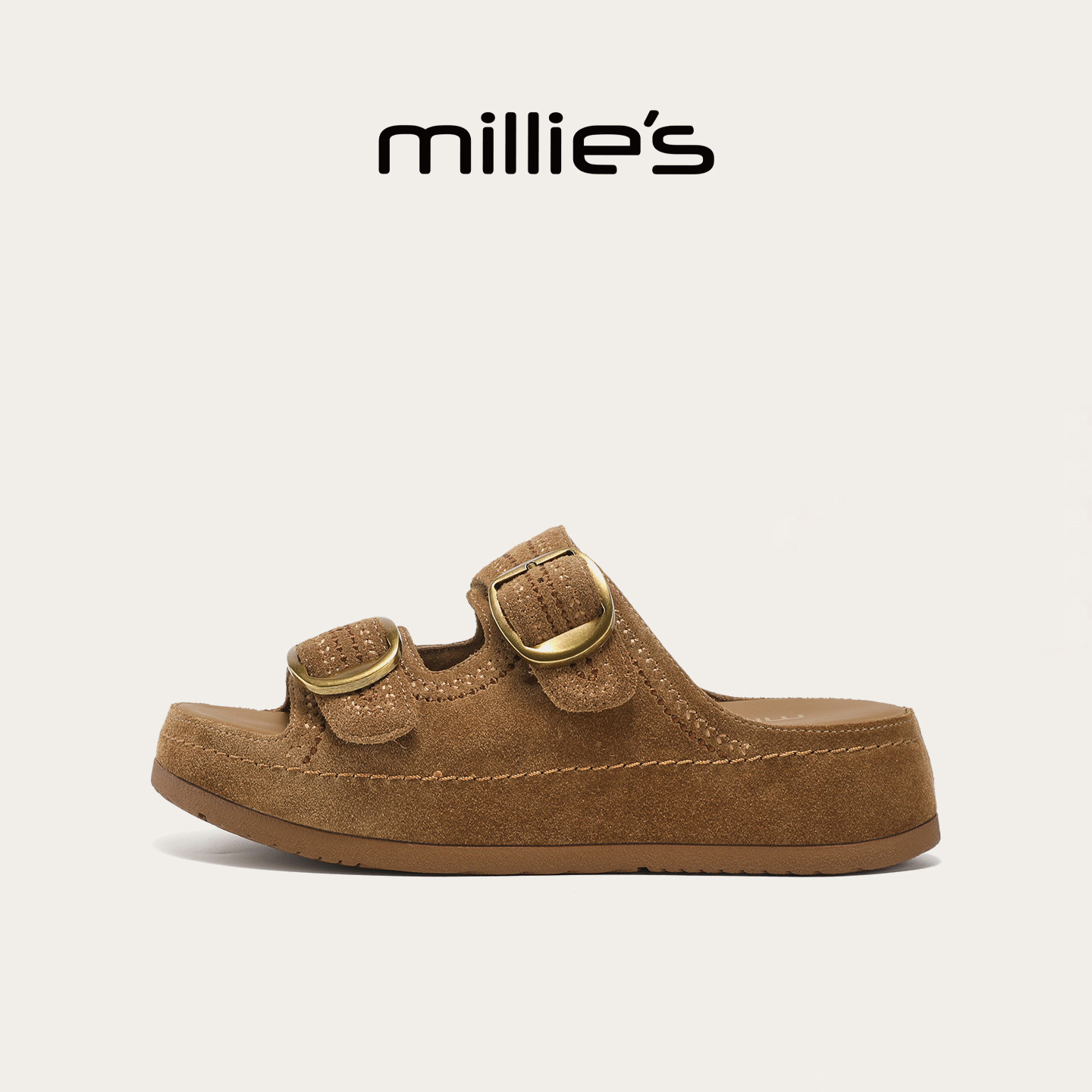 MILLIE'S/妙丽勃肯一字拖女2026夏季新款休闲厚底增高露趾凉拖鞋