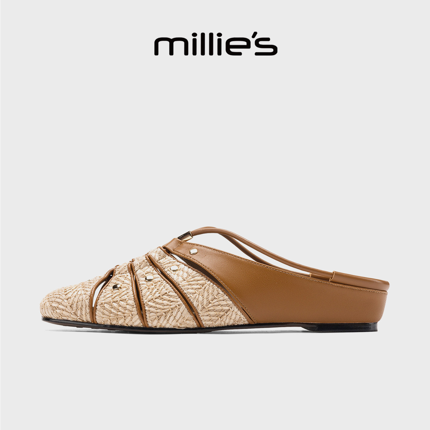 MILLIE'S/妙丽编织穆勒鞋女夏季百搭杏色交叉绑带平底包头凉拖鞋