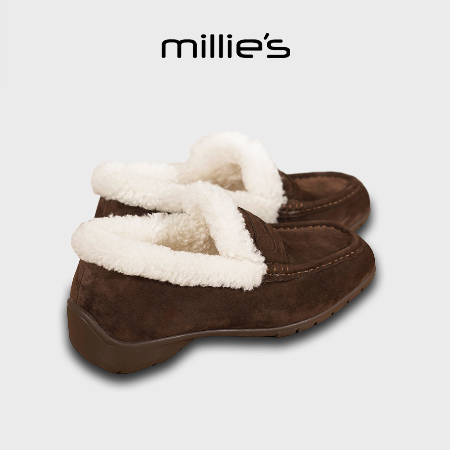 MILLIE'S/妙丽复古加绒棕色乐福鞋女款冬季毛毛鞋一脚蹬豆豆棉鞋