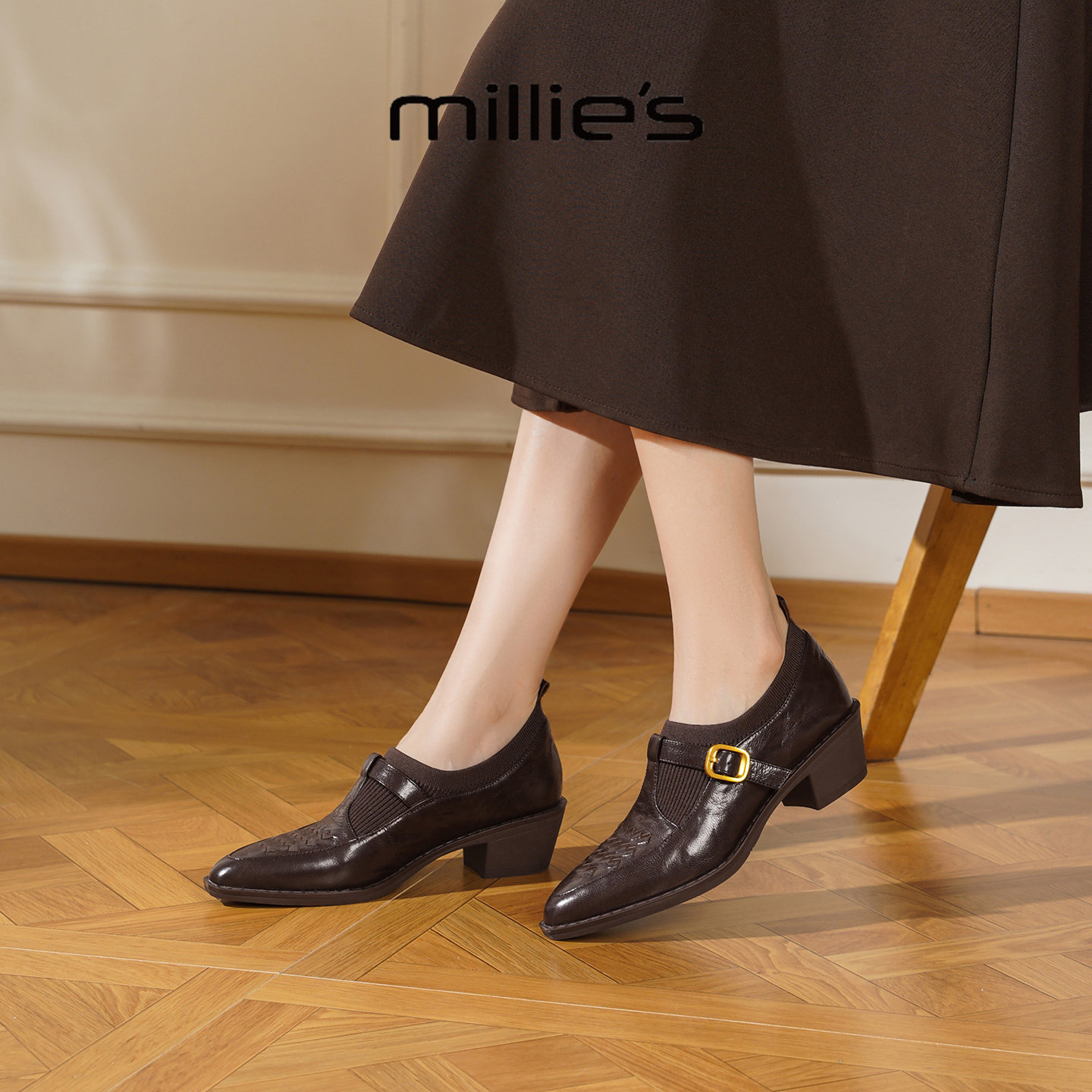 MILLIE'S/妙丽英伦复古高跟单鞋牛津鞋女2025新款冬季百搭小皮鞋