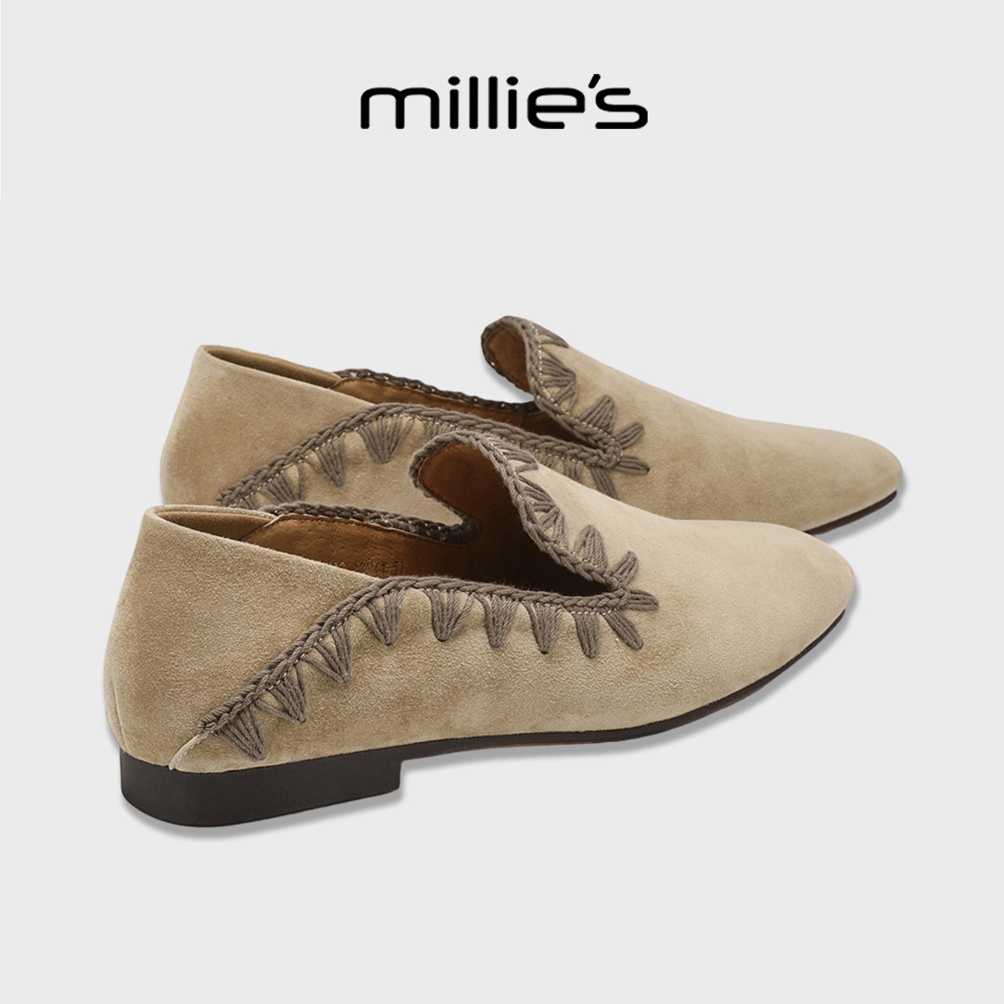 MILLIE'S/妙丽真皮方头平底乐福鞋女款春季一脚蹬豆豆鞋休闲单鞋