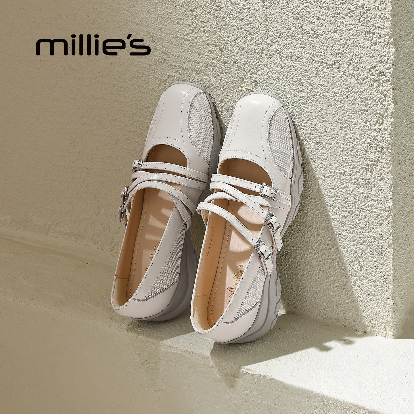 MILLIE'S/妙丽简约风厚底玛丽珍鞋女米白双扣带休闲单鞋舒适软底,女鞋,浅口单鞋,淘宝优惠券,粉丝福利购,淘宝优惠卷