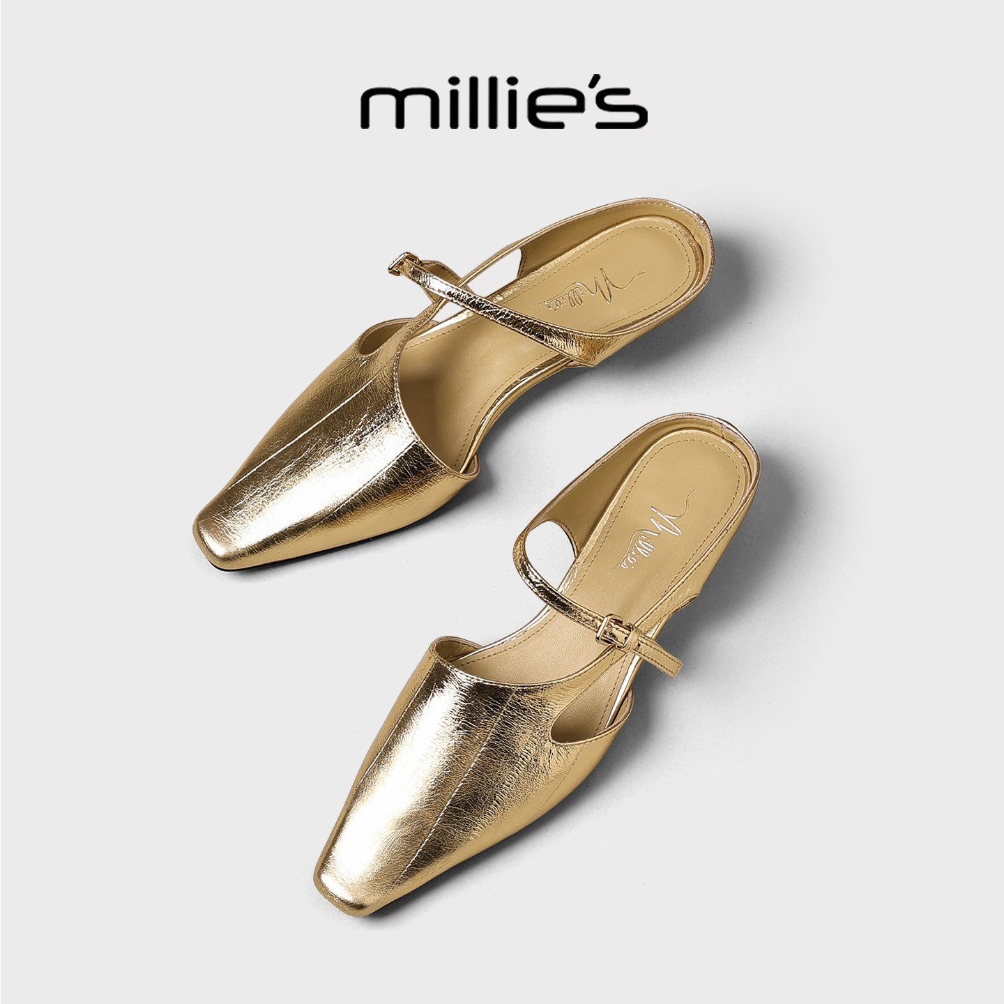 MILLIE'S/妙丽金色皮质包头半拖鞋低跟方头皮带扣穆勒鞋通勤女鞋