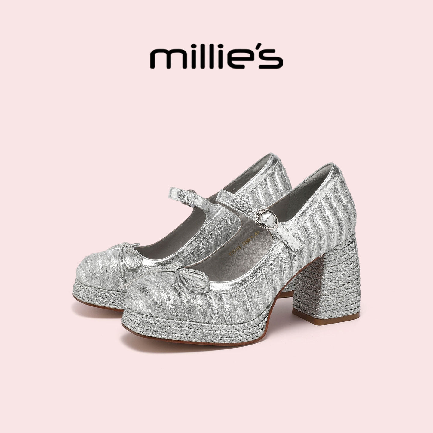 MILLIE'S/妙丽蝴蝶结玛丽珍单鞋女2026新款春季粗跟银色芭蕾高跟
