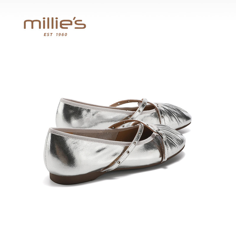 MILLIE'S/妙丽法式复古风银色玛丽珍鞋女夏季新款平底百搭单鞋
