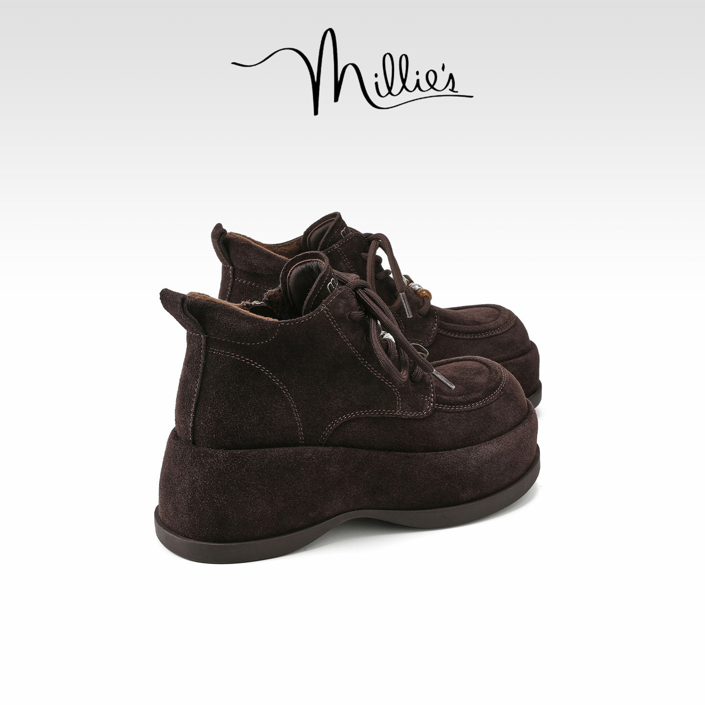 MILLIE'S/妙丽复古磨砂皮勃肯鞋松糕底绑带高帮棉鞋秋冬外穿单鞋