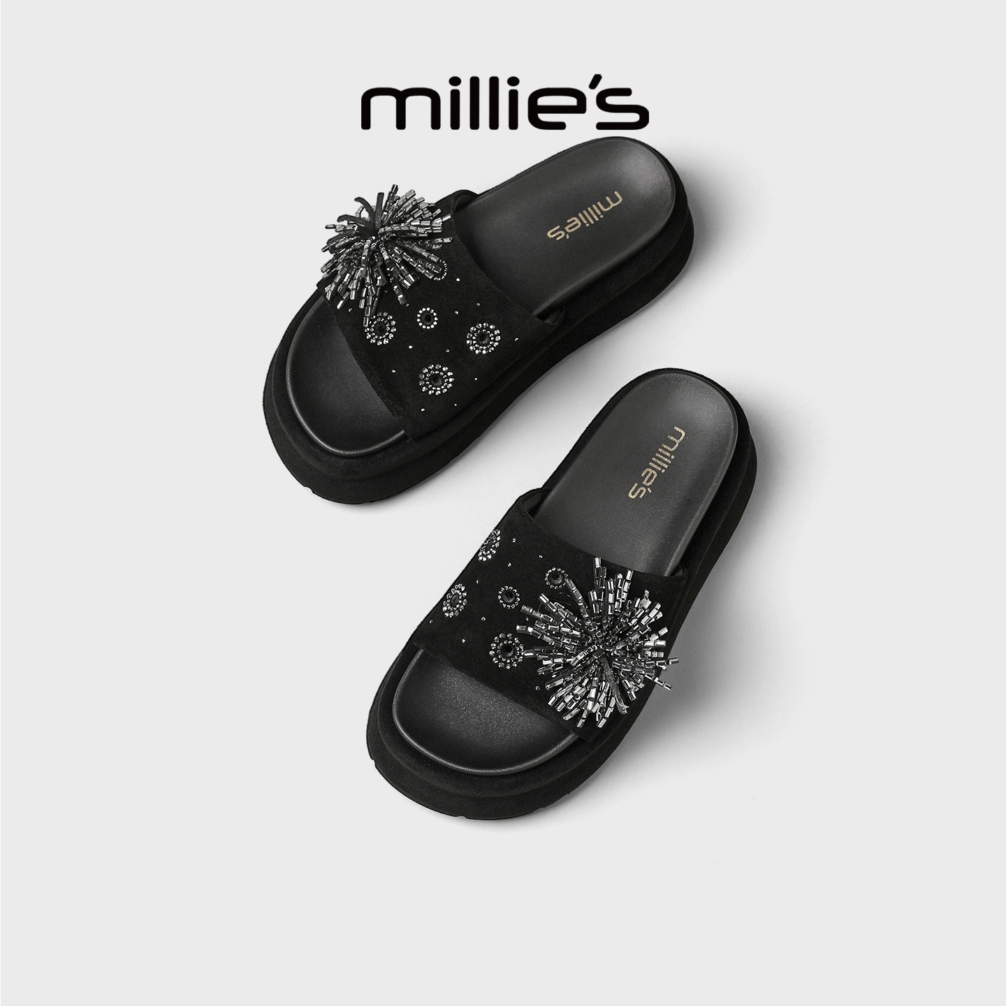 MILLIE'S/妙丽烟花水钻厚底一字拖女外穿增高巨好看配裙子凉拖鞋