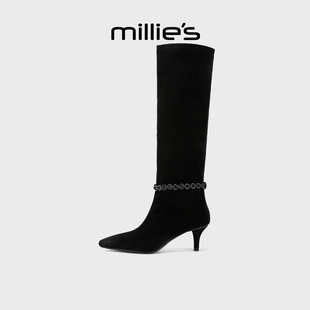 MILLIE'S/妙丽简约风黑色尖头高筒靴女细跟链条装饰气质长筒靴子