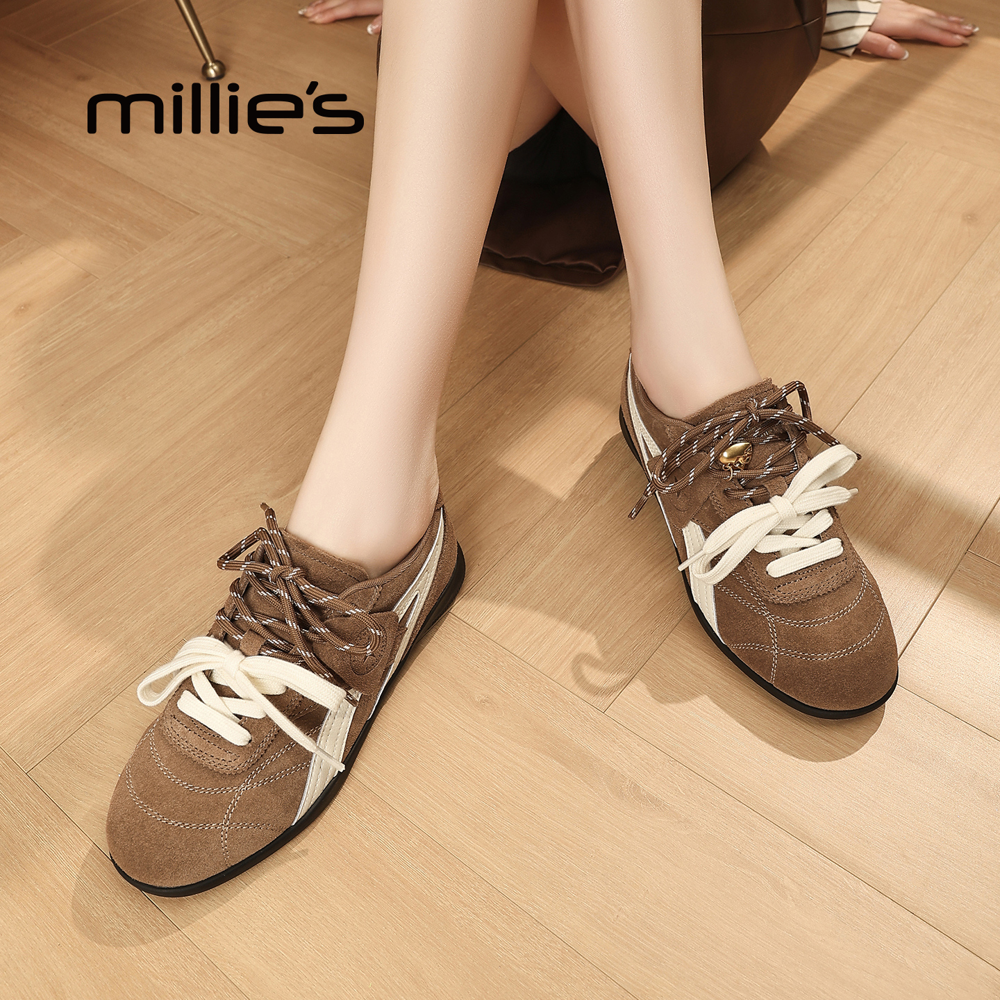millies妙丽厚底德训鞋女鞋2025秋季新款系带休闲鞋真皮深口单鞋