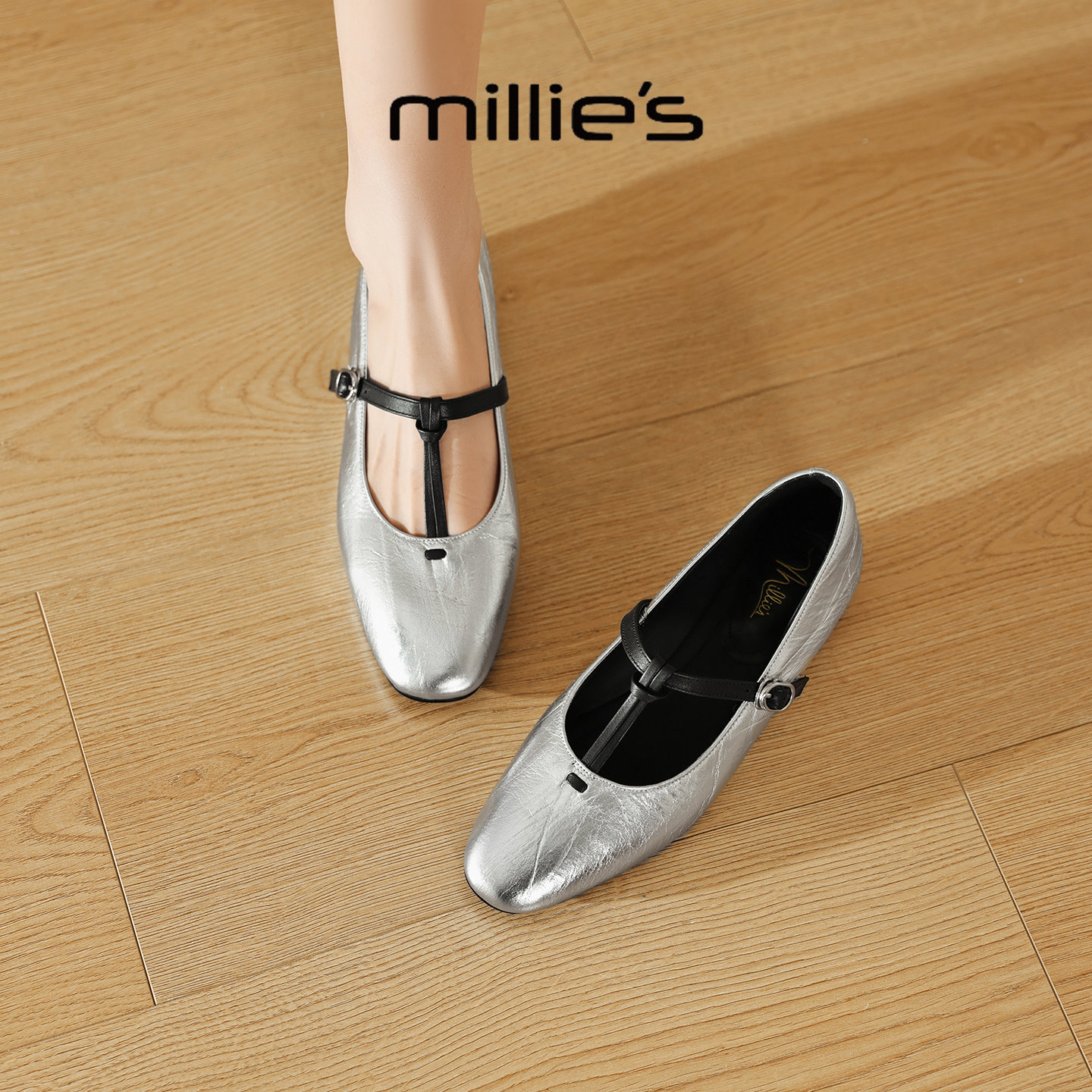 MILLIE'S/妙丽法式银色玛丽珍鞋女真皮一字带不累脚浅口平底单鞋
