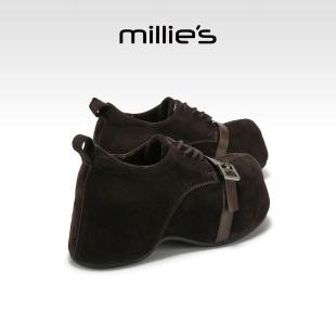 妙丽女鞋反绒皮勃肯鞋女2025新款冬季加绒复古皮鞋女款丑萌大头鞋