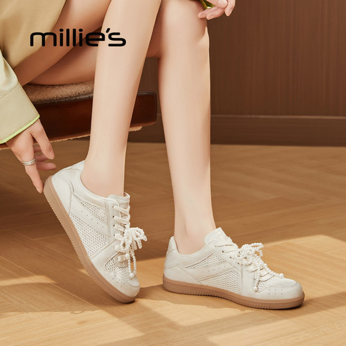 MILLIE'S/妙丽网面透气德训鞋女鞋子2025夏新款百搭平底休闲板鞋