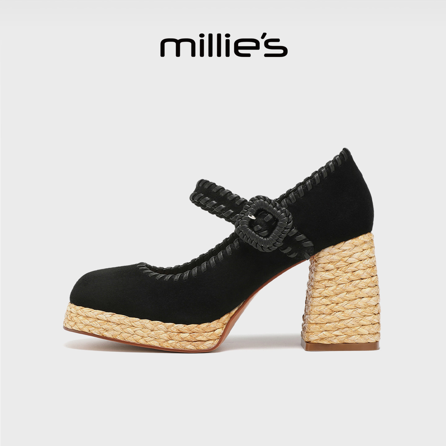 MILLIE'S/妙丽编织粗跟玛丽珍鞋女2026新款黑色一字带单鞋高跟鞋