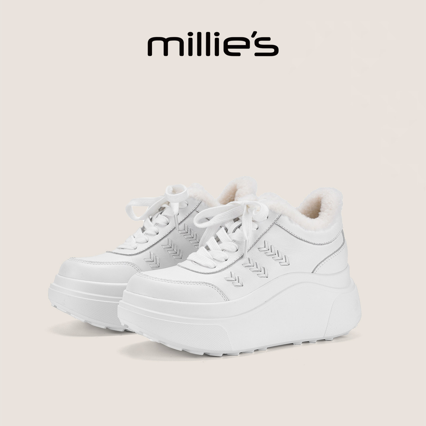 MILLIE'S/妙丽厚底面包鞋冬季新款黑色加绒增高休闲板鞋女款棉鞋