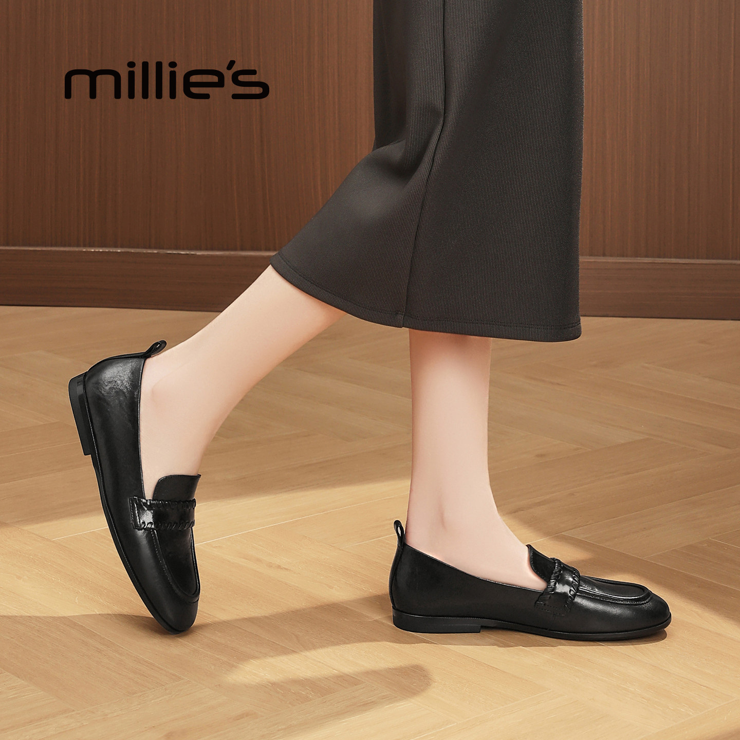 MILLIE'S/妙丽黑色乐福鞋女春新款金属扣一脚蹬平底百搭通勤单鞋,女鞋,浅口单鞋,淘宝优惠券,粉丝福利购,淘宝优惠卷