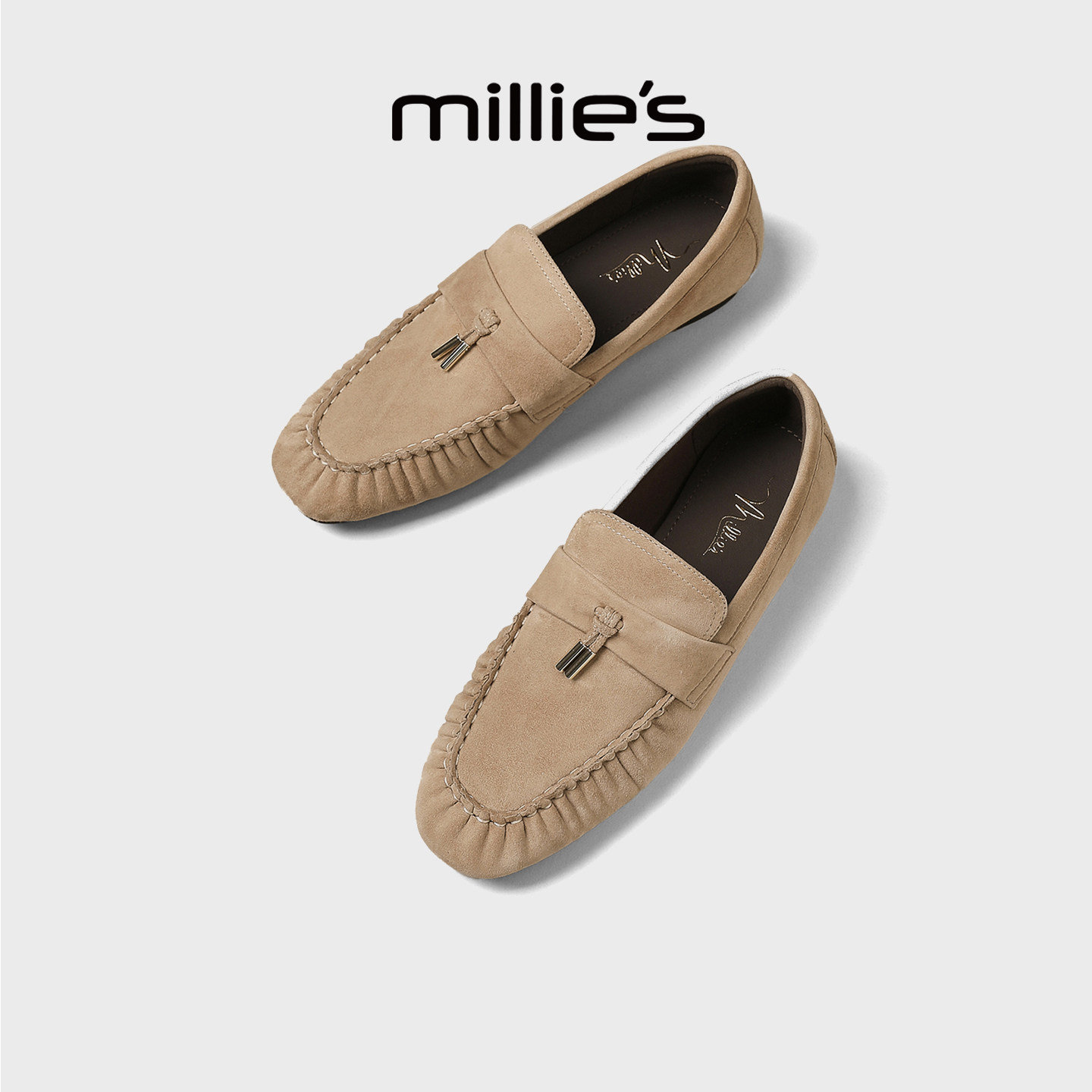 MILLIE'S/妙丽反绒皮流苏乐福鞋女一脚蹬软底豆豆鞋流苏杏色单鞋