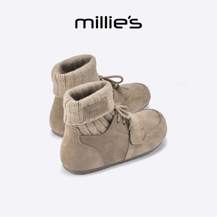 保暖美拉德棉鞋 MILLIE 拼接针织短靴时尚 妙丽加绒袜靴女夏季 女