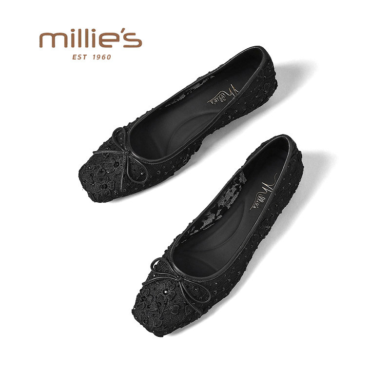 MILLIE'S/妙丽黑色蕾丝玛丽珍鞋女春季蝴蝶结浅口平底单鞋复古风
