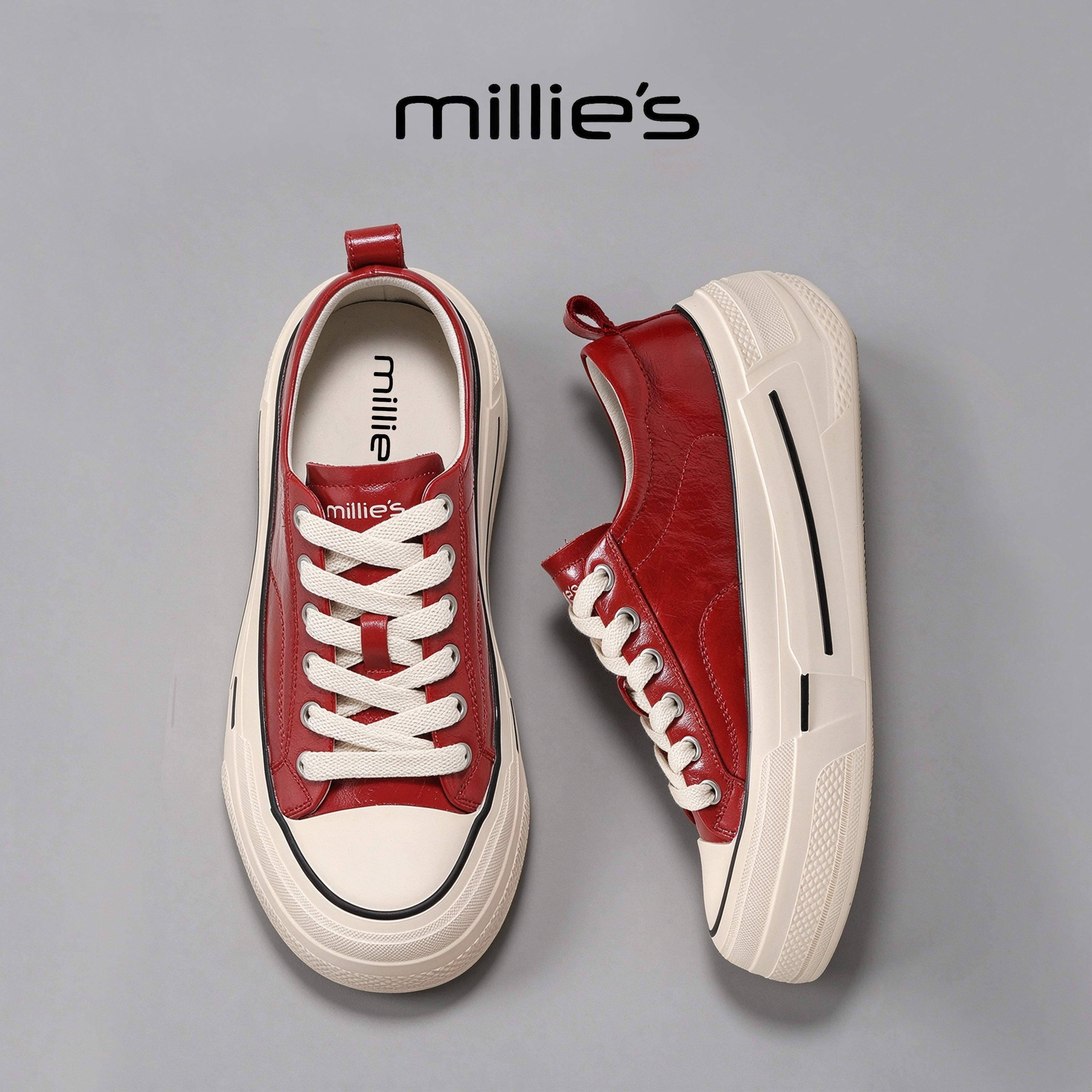 MILLIE'S/妙丽官方旗舰店真皮系带板鞋圆头厚底牛皮革休闲鞋女C