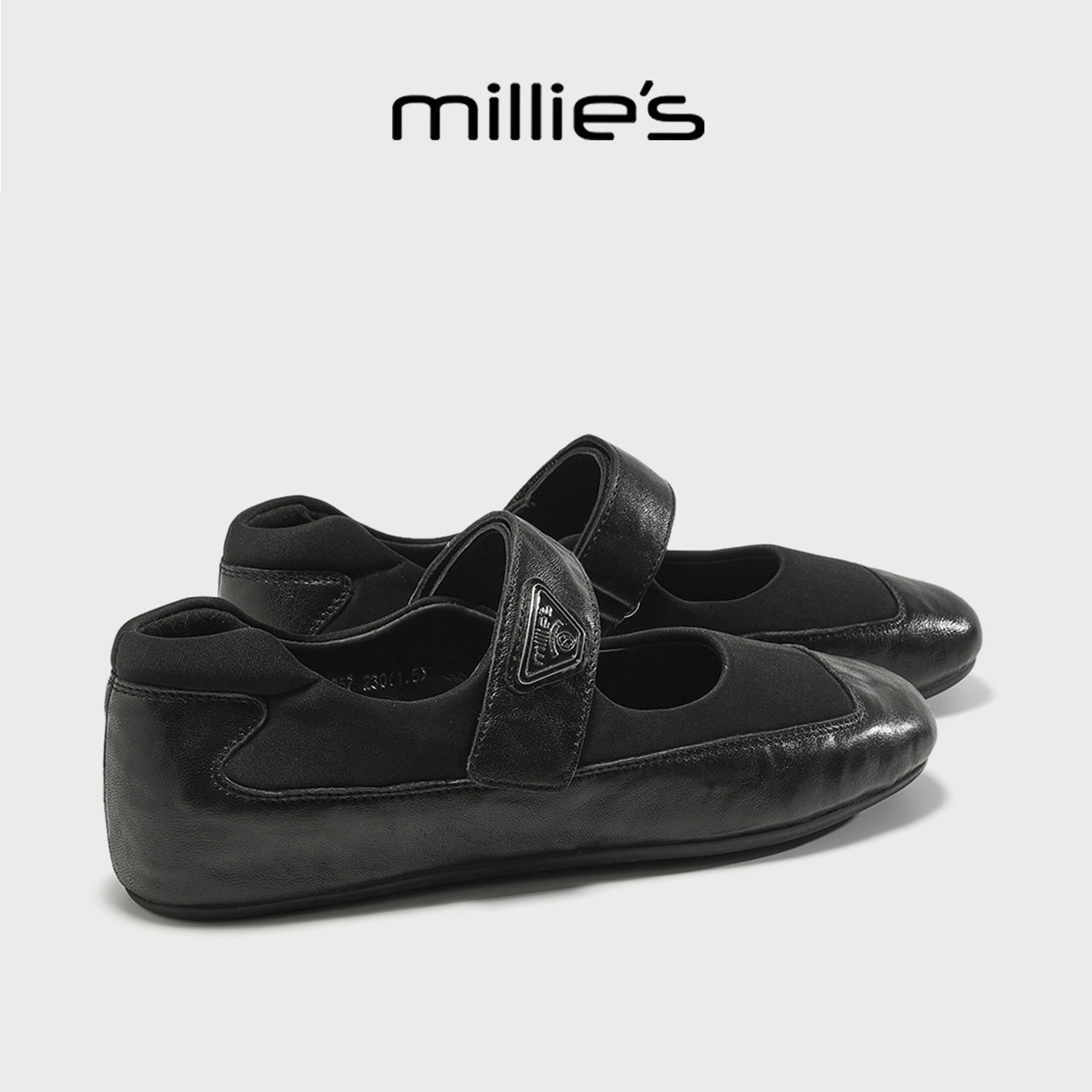 MILLIE'S/妙丽黑色玛丽珍鞋女2026新款魔术贴真皮平底芭蕾舞单鞋