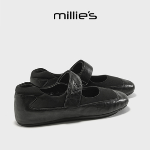 MILLIE'S/妙丽黑色玛丽珍鞋女2026新款魔术贴真皮平底芭蕾舞单鞋