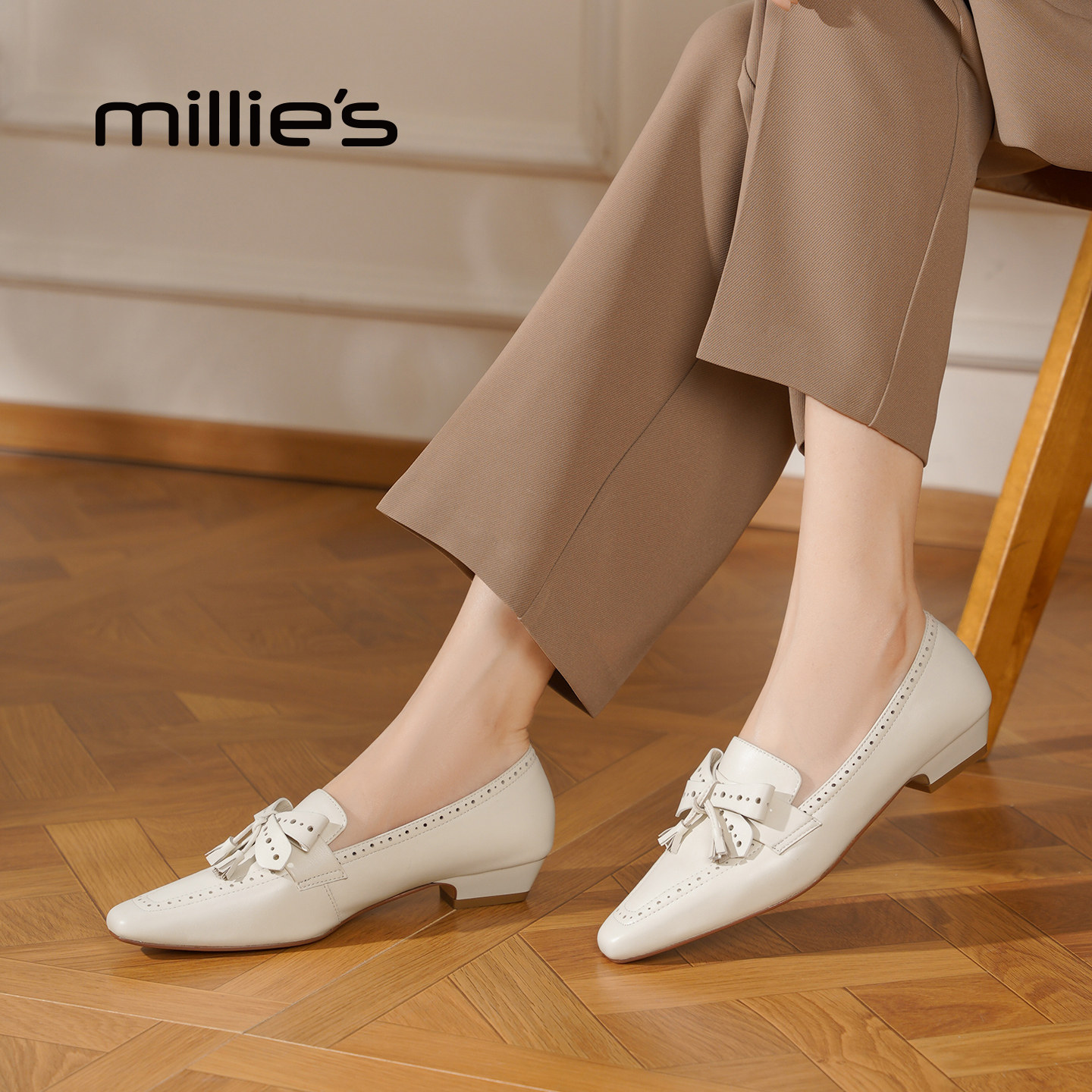 MILLIE'S/妙丽羊皮乐福鞋女款2025新款黑色英伦单鞋一脚蹬豆豆鞋