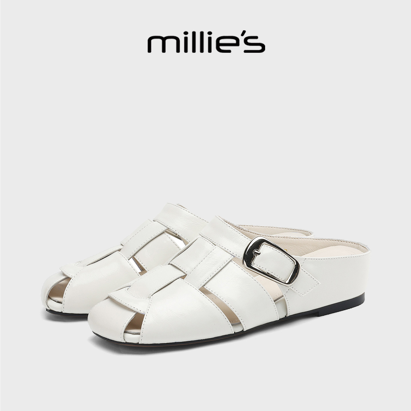 MILLIE'S/妙丽内增高包头穆勒鞋女夏季外穿平底真皮一脚蹬半拖鞋
