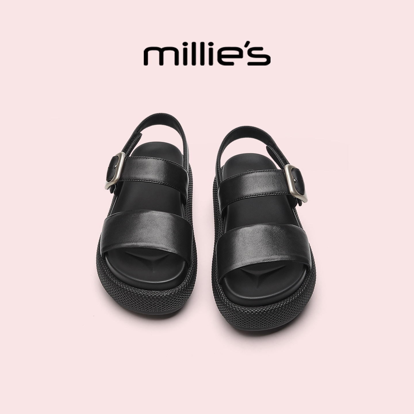 MILLIE'S/妙丽厚底黑色凉鞋女夏季新款外穿真皮运动休闲沙滩拖鞋