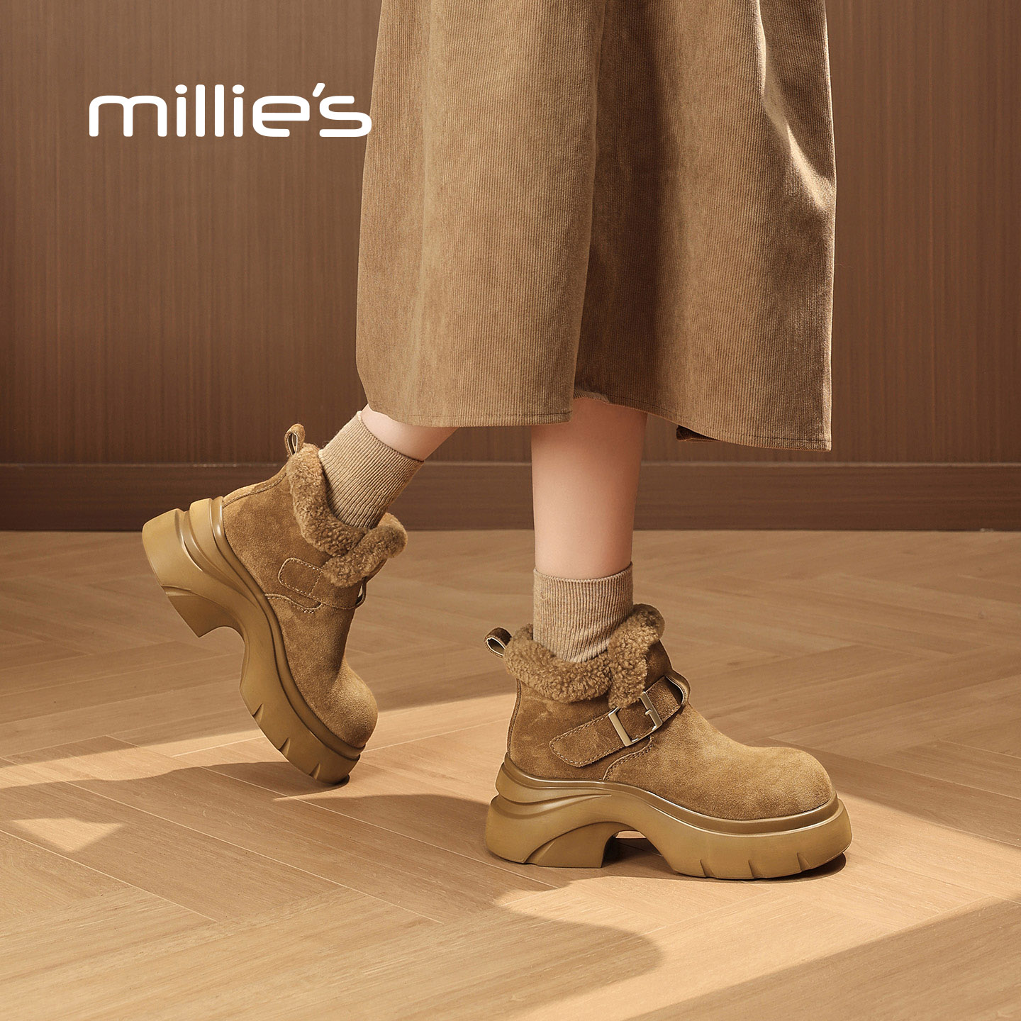MILLIE'S/妙丽2025冬季新款加绒保暖雪地靴女鞋厚底增高勃肯鞋