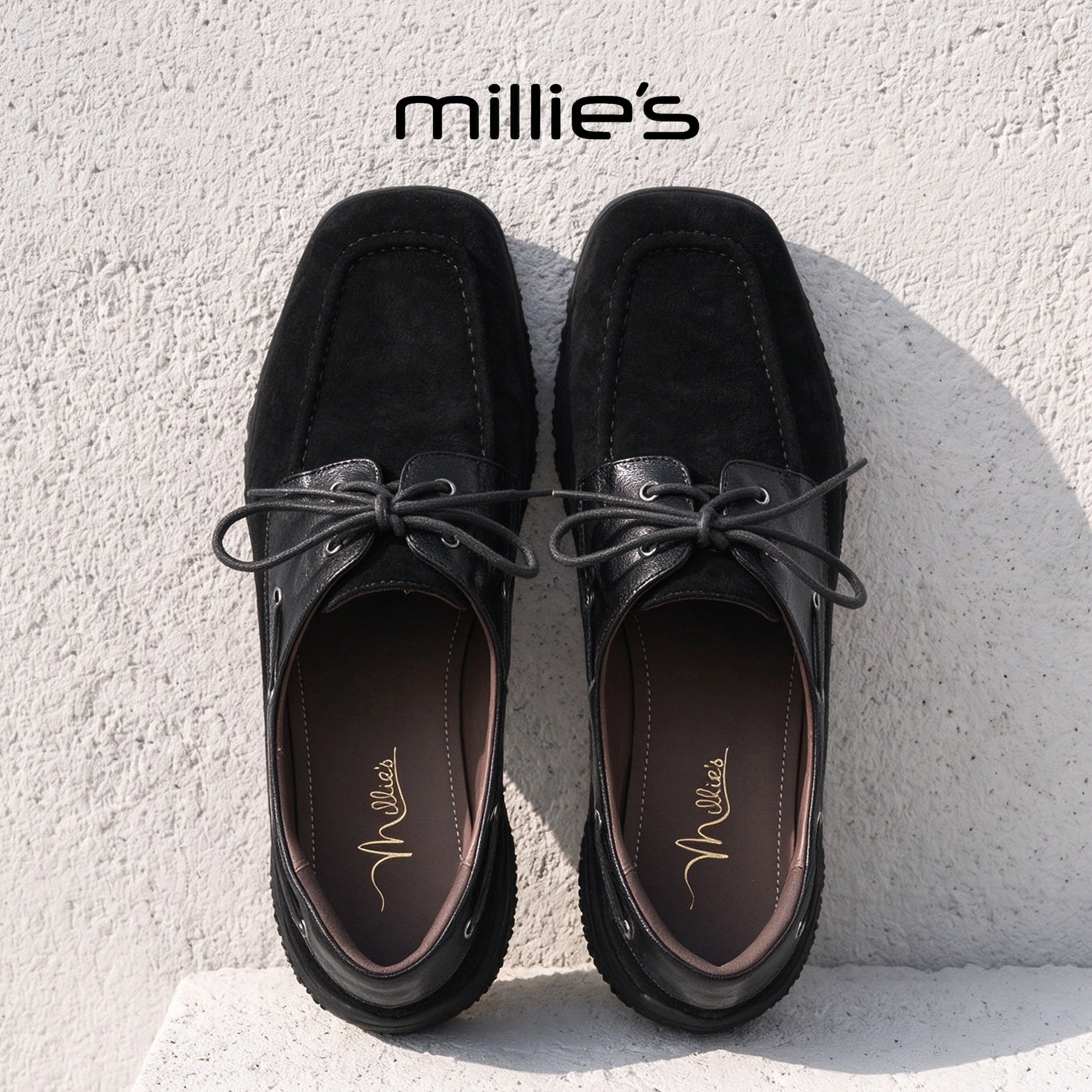 MILLIE'S/妙丽官方旗舰店系带皮革拼接女休闲鞋秋季方头深口单鞋C