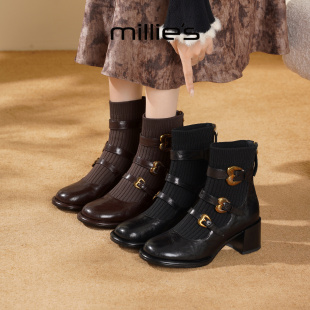 新款 妙丽高跟玛丽珍袜靴女夏季 加绒保暖瘦瘦靴弹力短靴 MILLIE